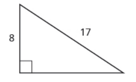 Se muestra un triángulo rectángulo. El ángulo recto está marcado con una caja. El lado al otro lado desde el ángulo recto está etiquetado como 17. Uno de los lados que toca el ángulo recto está etiquetado como 8.
