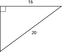 Se muestra un triángulo rectángulo. El ángulo recto está marcado con una caja. El lado que cruza desde el ángulo recto está etiquetado como 20. Uno de los lados que toca el ángulo recto está etiquetado como 16.