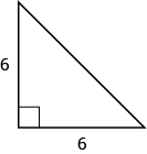 Se muestra un triángulo rectángulo. El ángulo recto está marcado con una caja. Ambos lados que tocan el ángulo recto están etiquetados como 6.