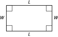 Se muestra un rectángulo. Cada ángulo está marcado con un cuadrado. La parte superior e inferior están etiquetadas con L, los lados están etiquetados con W.