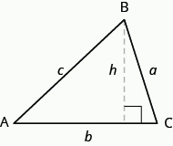 Se muestra un triángulo. Los vértices están etiquetados A, B y C. Los lados están etiquetados a, b y c. Hay una línea punteada vertical desde el vértice B en la parte superior del triángulo hasta la base del triángulo, encontrándose con la base en ángulo recto. La línea punteada está etiquetada con h.