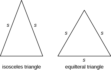 Se muestran dos triángulos. Los tres lados del triángulo de la izquierda están etiquetados como s. Está etiquetado como “triángulo equilátero”. Dos lados del triángulo a la derecha están etiquetados s. Se etiqueta como “triángulo isósceles”.