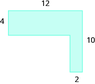 Se muestra una imagen de un rectángulo horizontal adjunto y un rectángulo vertical. La parte superior está etiquetada con 12, el lado del rectángulo horizontal está etiquetada con 4. El lado está etiquetado con 10, el ancho del rectángulo vertical está etiquetado con 2.