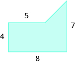 Se muestra una forma geométrica azul. Parece un rectángulo con un triángulo unido a la parte superior en el lado derecho. El lado izquierdo está etiquetado con 4, el superior 5, el inferior 8, el lado derecho 7.