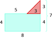 Se muestra una forma geométrica. Se trata de un rectángulo azul con un triángulo rojo unido a la parte superior en el lado derecho. El lado izquierdo está etiquetado con 4, el superior 5, el inferior 8, el lado derecho 7. El lado derecho del rectángulo está etiquetado como 4. El lado derecho y la parte inferior del triángulo están etiquetados 3.
