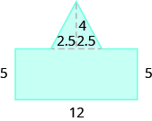 Se muestra una forma geométrica azul. Parece un rectángulo con un triángulo equilátero unido a la parte superior. La base del rectángulo está etiquetada con 12, cada lado está etiquetada con 5. La base del triángulo se divide en dos piezas, cada una etiquetada 2.5.