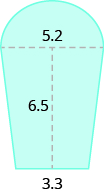 Se muestra una forma geométrica azul. Parece ser dos trapecios con un semicírculo en la parte superior. La base del semicírculo está etiquetada 5.2. La altura de los trapecios está etiquetada 6.5. La base combinada de los trapecios está etiquetada 3.3.