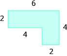 Se muestra una forma geométrica. Es un rectángulo horizontal unido a un rectángulo vertical. La parte superior está etiquetada con 6, la altura del rectángulo horizontal está etiquetada con 2, la distancia desde el borde del rectángulo horizontal hasta el inicio del rectángulo vertical es 4, la base del rectángulo vertical es 2, el lado derecho de la forma es 4.