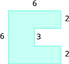 A geometric shape is shown. It is a sideways U-shape. The top is labeled 6, the left side is labeled 6. An inside horizontal piece is labeled 3. Each of the vertical pieces on the right are labeled 2.