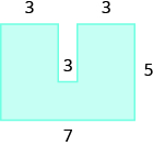 Se muestra una forma geométrica. Es una forma de U. La base está etiquetada con 7. El lado derecho está etiquetado como 5. Las dos líneas horizontales en la parte superior y la vertical en el interior están todas etiquetadas con 3.