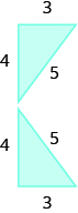 Se muestran dos triángulos. Parecen ser triángulos rectos. Las bases están etiquetadas 3, las alturas 4, y los lados más largos 5.