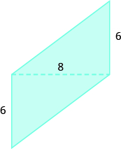 Se muestra una forma geométrica. Parece estar compuesta por dos triángulos. La base compartida de ambos triángulos es 8, las alturas están etiquetadas con 6.
