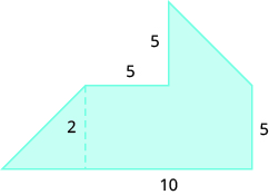 Se muestra una forma geométrica. Se compone de dos trapecios. La base está etiquetada con 10. La altura de un trapecio es 2. Los lados horizontal y vertical están todos etiquetados como 5.
