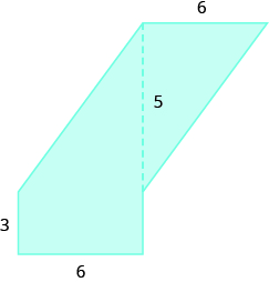 A geometric shape is shown. It is a trapezoid attached to a triangle. The base of the triangle is labeled 6, the height is labeled 5. The height of the trapezoid is 6, one base is 3.