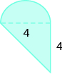 Se muestra una forma geométrica. Un triángulo está unido a un semicírculo. La altura del triángulo está etiquetada con 4. La base del triángulo, también el diámetro del semicírculo, está etiquetada con 4.