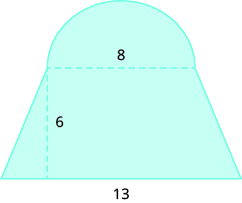 Se muestra una forma geométrica. Se muestra un trapecio con un semicírculo unido a la parte superior. El diámetro del círculo, que también es la parte superior del trapecio, está etiquetado como 8. La altura del trapecio es de 6. El fondo del trapecio es 13.