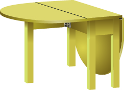 An image of a table is shown. There is a rectangular portion attached to a semi-circular portion. There is another semi-circular leaf folded down on the other side of the rectangle.