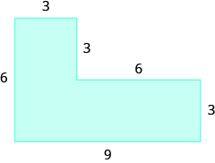 Se muestra una forma geométrica. Es un rectángulo vertical unido a un rectángulo horizontal. El ancho del rectángulo vertical es 3, el lado izquierdo está etiquetado con 6, el fondo está etiquetado con 9 y el ancho del rectángulo horizontal está etiquetado con 3. La parte superior del rectángulo horizontal está etiquetada con 6, y la distancia desde la parte superior de ese rectángulo hasta la parte superior del otro rectángulo está etiquetada con 3.