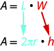 La línea superior dice A es igual a l veces rojo w. Debajo de la l está 2 veces pi por r. Debajo de la w hay una h roja.