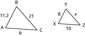 Pembetatu mbili zinaonyeshwa. Triangle ABC ni upande wa kushoto. Upande wa kutoka A umeandikwa 21, kutoka B ni b, na hela kutoka C ni 11.2. Triangle XYZ iko upande wa kulia. Upande kutoka X ni lebo x, hela kutoka Y ni 10, na hela kutoka Z ni 8.