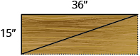 Se muestra una repisa rectangular, con una diagonal dibujada desde la esquina inferior izquierda hasta la esquina superior derecha. El lado está etiquetado 15 pulgadas, la parte superior está etiquetada 36 pulgadas.