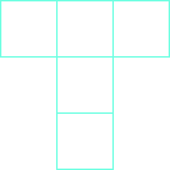 Se muestran cinco cuadrados, en forma de T. Hay tres cuadrados en la parte superior y tres cuadrados hacia abajo.