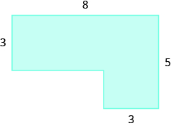 Se muestra una forma geométrica, formada por dos rectángulos. La parte superior está etiquetada con 8. El ancho del rectángulo superior está etiquetado con 3. El lado derecho de la figura está etiquetado como 5. El ancho del rectángulo inferior está etiquetado como 3.
