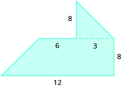 Se muestra una forma geométrica. Se trata de un trapecio con un triángulo unido a la parte superior en el lado derecho. La altura del trapecio está etiquetada con 8, la base inferior está etiquetada con 12 y la parte superior está etiquetada con 9. La altura del triángulo está etiquetada con 8.