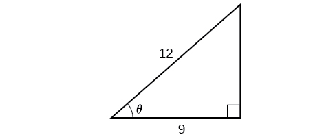 Una ilustración de un triángulo rectángulo con el ángulo theta. Adyacente al ángulo theta hay un lado con una longitud de 9 y una hipotenusa de longitud 12.
