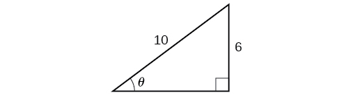 Una ilustración de un triángulo rectángulo con el ángulo theta. Opuesto al ángulo theta hay un lado con una longitud de 6 y una hipotenusa de longitud 10.