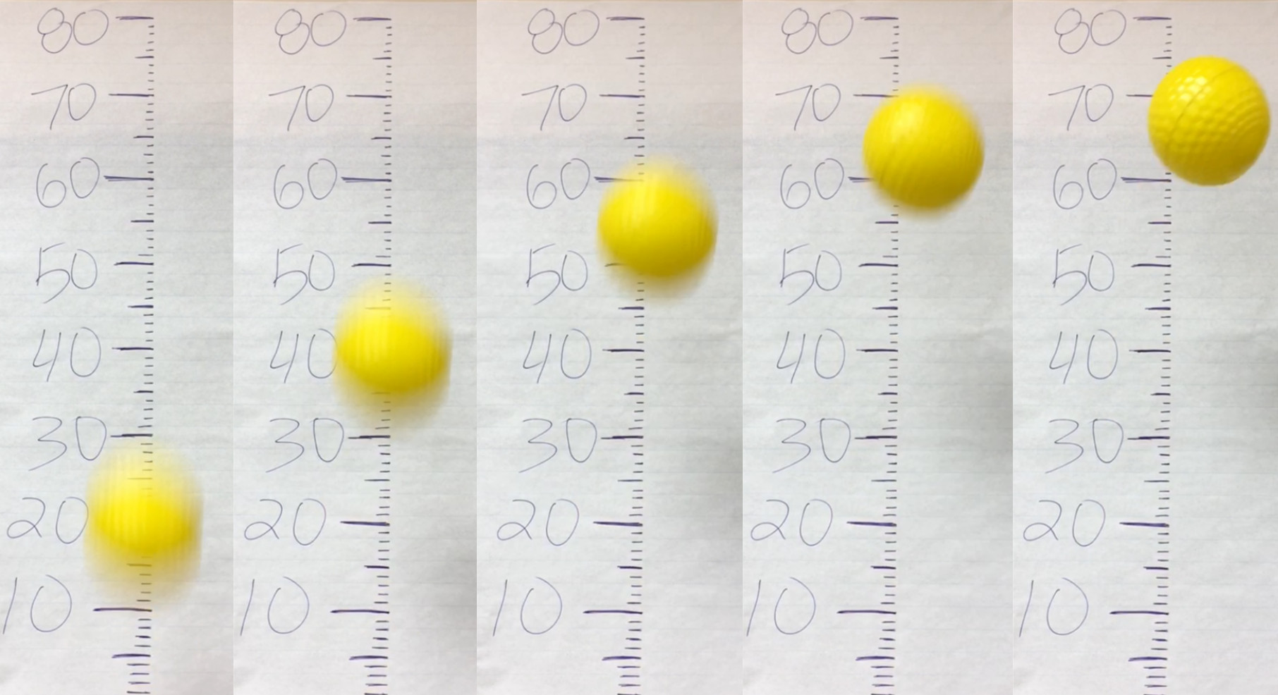 Shows several still images of a ball being tossed with the following heights: 20cm, 40cm, 55cm, 63cm, 67cm