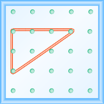 The figure shows a grid of evenly spaced dots. There are 5 rows and 5 columns. There is a rubber band style triangle connecting three of the three points at column 1 row 2, column 1 row 4,and column 4 row 2.