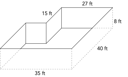A composite figure with depth drawn as an intersection of two rectanglar solids. The depth of the entire figure is 8ft. The width of the nearest side is 35 ft, the width of the side opposite is 27 ft. The length connecting those sides is 40 ft on the right side. On the left side there is a 15 ft piece that comes down from the 27 ft side. It connects at a right angle to an unlabeled piece that is parallel to both the 27ft piece and the 35ft piece. The side that connects the unlabeled parallel piece to the 35 ft. piece is also unlabeled but meets the base at a right angle. 