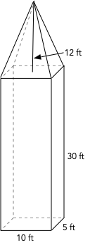 An obelisk. The base is a rectanglar solid with length 10 ft, width 5ft, and height 30 ft. A triagular pyramid sits on top of the rectangle so its base is 10 ft by 5ft with a height of 12 ft.