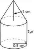 A composite figure made up of a cylinder with a base radius of 0.5 cm and height is 2cm and a cone connected to the circular bases of the cylinder. The cone height is 1cm.