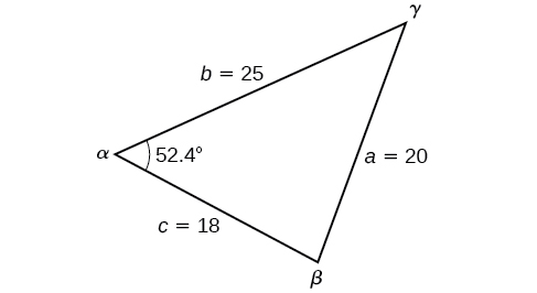 Un triángulo con etiquetas estándar. Lado b =25, lado a = 20, lado c = 18 y ángulo alfa = 52.4 grados.