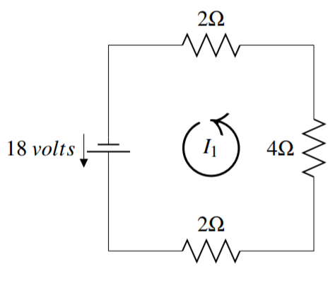 square circuit diagram: Left: battery 18 volts down,Top: resistor 2 ohms,Right: resistor 4 ohms,Bottom: resistor 2 ohms. I1 counterclockwise