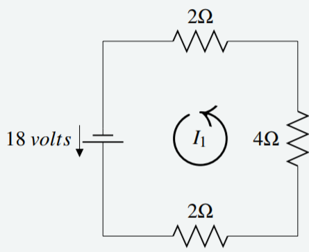square circuit diagram: Left: battery 18 volts down,Top: resistor 2 ohms,Right: resistor 4 ohms,Bottom: resistor 2 ohms. I1 counterclockwise