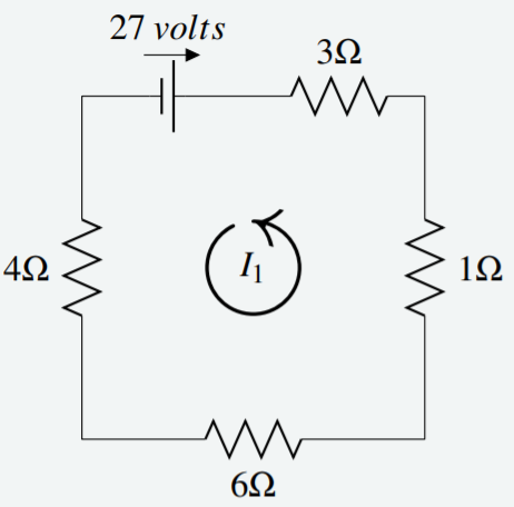 circuito cuadrado: Izquierda: 4 ohmios, Parte superior: 27V derecha y 3 ohmios, Derecha: 1 ohm, Inferior: 6 ohmios. I1 en sentido antihorario