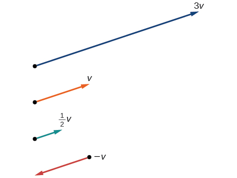 Mostrando el efecto de escalar un vector: 3x, 1x, .5x y -1x. El 3x es tres veces más largo, el 1x permanece igual, el .5x reduce a la mitad la longitud, y el -1x invierte la dirección del vector pero mantiene la longitud igual. El resto mantiene la misma dirección; solo cambia la magnitud.