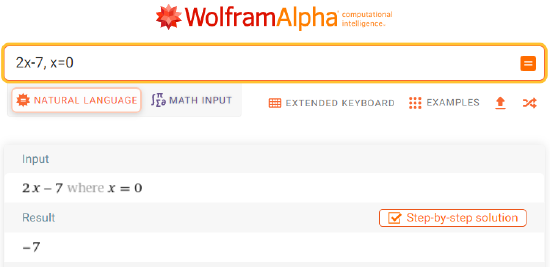 wolframalpha output for evaluating expression 2x-7 at 0