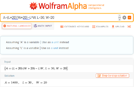 WolframAlpha output for using formula A=(L+20)(W+20)−L*W for L=30, W=20