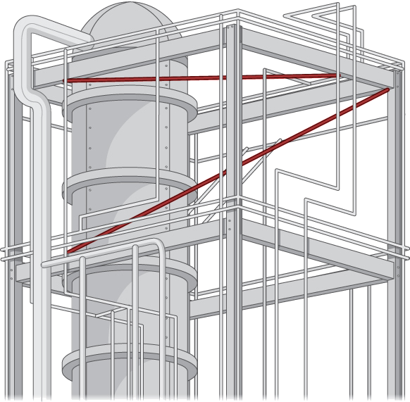 Esta figura muestra un sistema de tuberías que discurren en diferentes direcciones en una planta industrial. Dos tubos sesgados están resaltados en rojo.