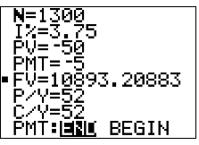 TI graphing calculator screenshot showing TVM Solver with N equals 1300, I percent equals 3.75, PV equals negative 50, PMT equals negative 5, FV equals 10893.20883, P over Y equals 52, C over Y equals 52, PMT end.