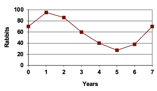 A line graph with vertical labeled Rabbits and horizontal labeled Years. The graph shows data that increases briefly,  decreases, then increases again, including the points 0 comma 70, 1 comma 95, and 2 comma 85.