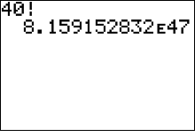 TI Graphing calculator screen showing result of 40 factorial.