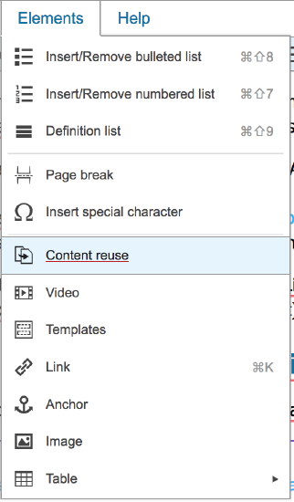 Elements menu in LibreTexts Edit window, showing Content reuse option selected