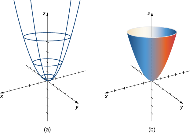Dos imágenes en tres dimensiones. El primero muestra círculos paralelos en el eje z con radios que aumentan a medida que aumenta z. Parábolas verticales que se abren enmarcan los círculos, formando el esqueleto de un paraboloide. El segundo muestra el paraboloide elíptico, el cual está hecho de todos los círculos posibles y parábolas verticales en el dominio de parámetros.