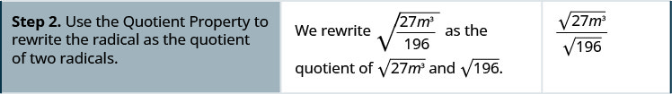 The second step in the process is to use the quotient property to rewrite the radical as the quotient of two radicals. We rewrite the square root of the quantity 27 m cubed divided by 196 in parentheses as the quotient of the square root of the quantity 27 m cubed in parentheses and the square root of 196.