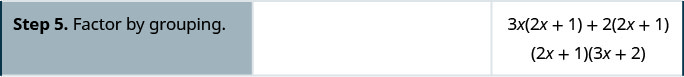 Step 5 is to factor by grouping. So, we get, 3x open parentheses 2x plus 1 close parentheses plus 2 open parentheses 2x plus 1 close parentheses. This is equal to 2x plus 1, 3x plus 2.
